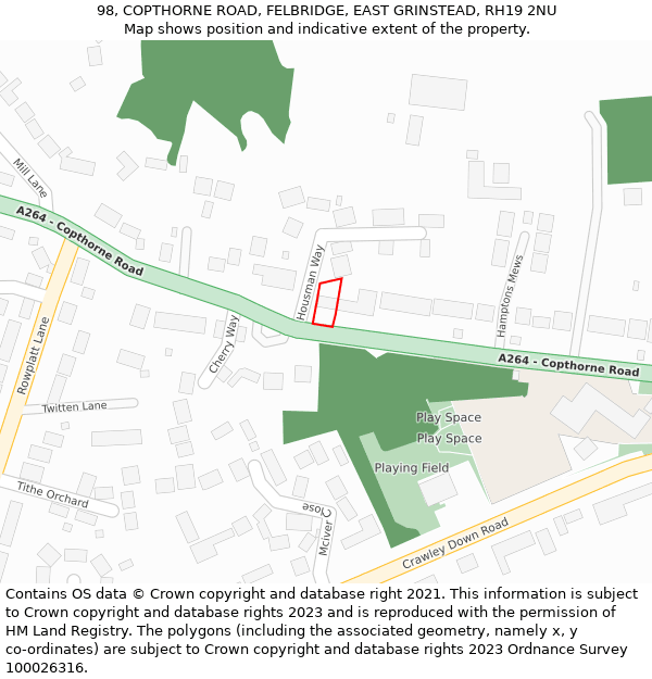98, COPTHORNE ROAD, FELBRIDGE, EAST GRINSTEAD, RH19 2NU: Location map and indicative extent of plot