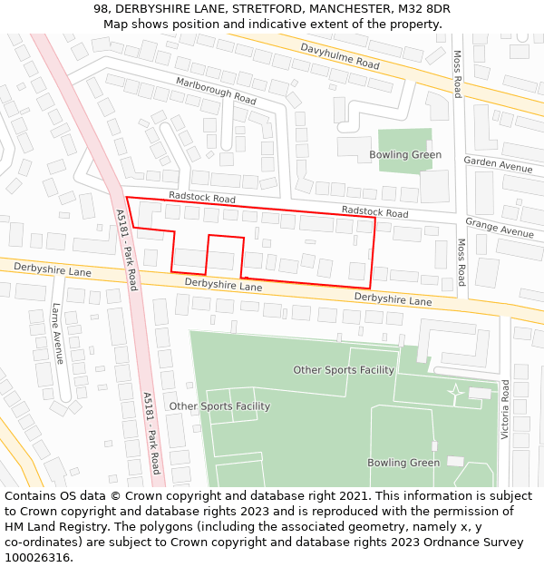 98, DERBYSHIRE LANE, STRETFORD, MANCHESTER, M32 8DR: Location map and indicative extent of plot