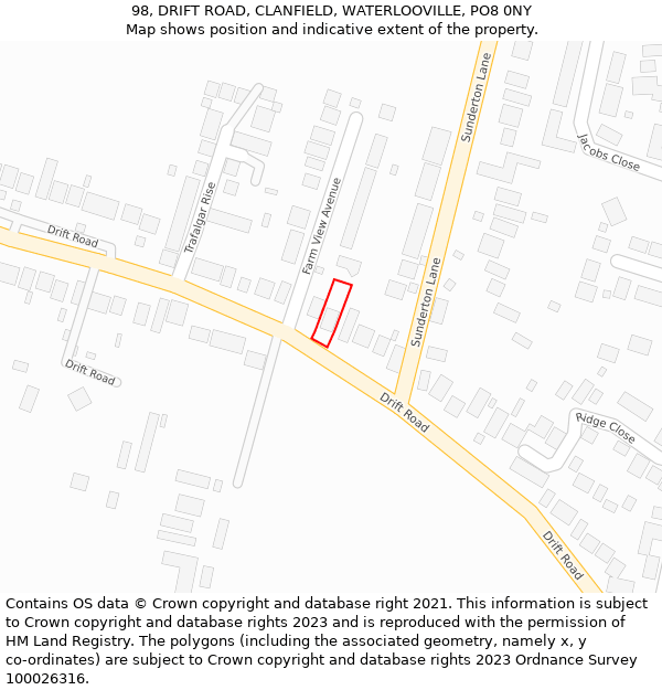 98, DRIFT ROAD, CLANFIELD, WATERLOOVILLE, PO8 0NY: Location map and indicative extent of plot