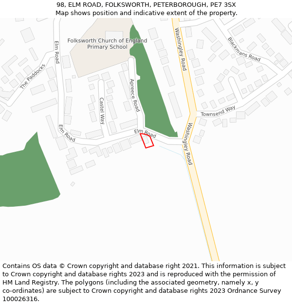 98, ELM ROAD, FOLKSWORTH, PETERBOROUGH, PE7 3SX: Location map and indicative extent of plot