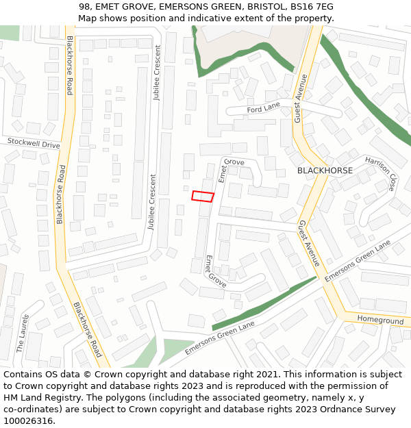 98, EMET GROVE, EMERSONS GREEN, BRISTOL, BS16 7EG: Location map and indicative extent of plot