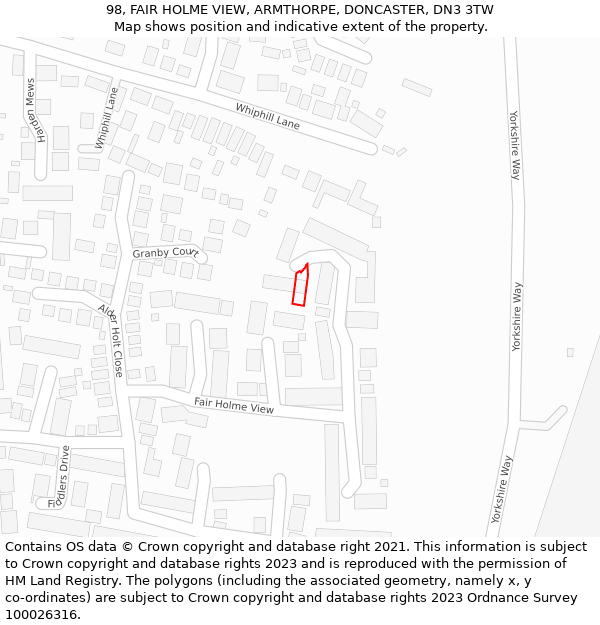 98, FAIR HOLME VIEW, ARMTHORPE, DONCASTER, DN3 3TW: Location map and indicative extent of plot