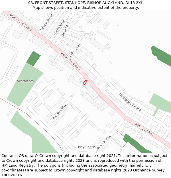 98, FRONT STREET, STANHOPE, BISHOP AUCKLAND, DL13 2XL: Location map and indicative extent of plot