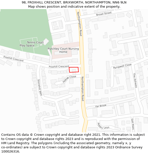 98, FROXHILL CRESCENT, BRIXWORTH, NORTHAMPTON, NN6 9LN: Location map and indicative extent of plot