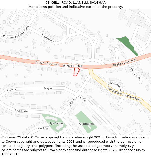 98, GELLI ROAD, LLANELLI, SA14 9AA: Location map and indicative extent of plot