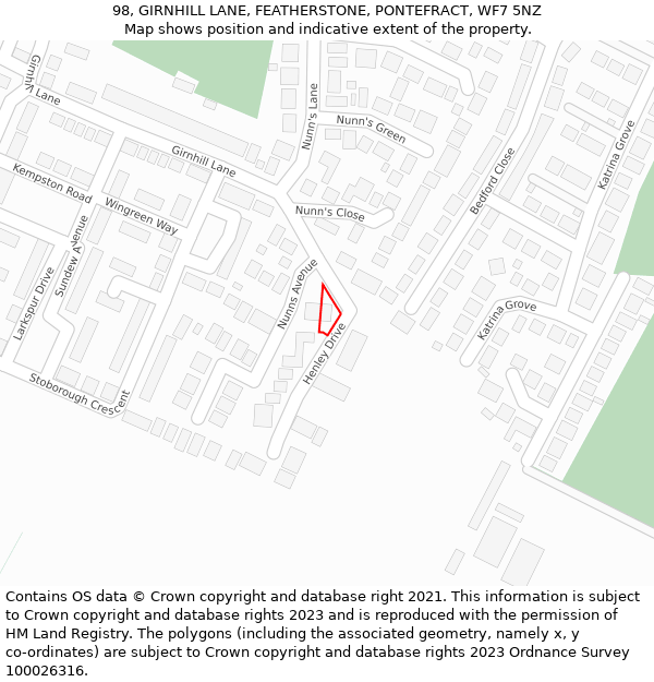 98, GIRNHILL LANE, FEATHERSTONE, PONTEFRACT, WF7 5NZ: Location map and indicative extent of plot