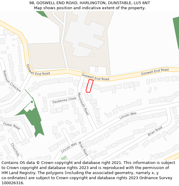 98, GOSWELL END ROAD, HARLINGTON, DUNSTABLE, LU5 6NT: Location map and indicative extent of plot