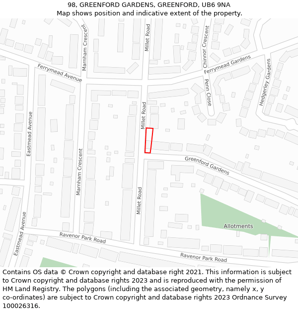 98, GREENFORD GARDENS, GREENFORD, UB6 9NA: Location map and indicative extent of plot