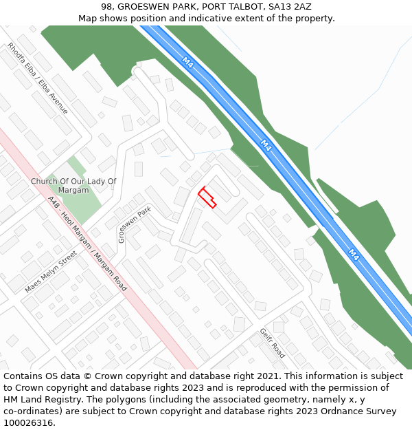 98, GROESWEN PARK, PORT TALBOT, SA13 2AZ: Location map and indicative extent of plot