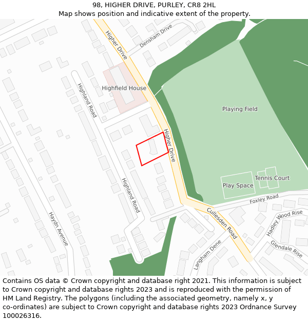 98, HIGHER DRIVE, PURLEY, CR8 2HL: Location map and indicative extent of plot