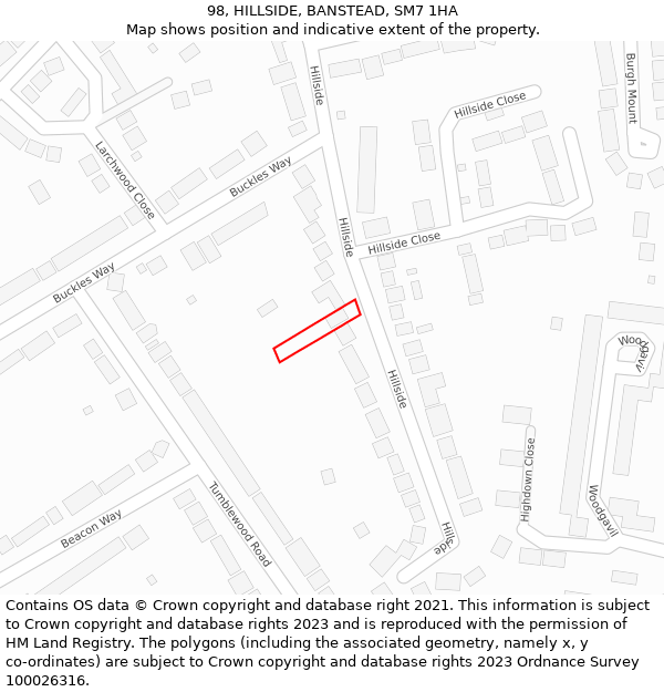 98, HILLSIDE, BANSTEAD, SM7 1HA: Location map and indicative extent of plot