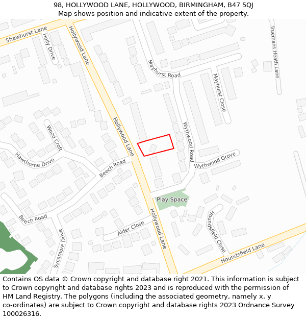 98, HOLLYWOOD LANE, HOLLYWOOD, BIRMINGHAM, B47 5QJ: Location map and indicative extent of plot