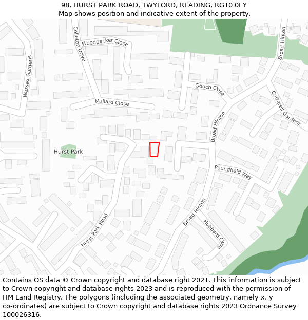 98, HURST PARK ROAD, TWYFORD, READING, RG10 0EY: Location map and indicative extent of plot