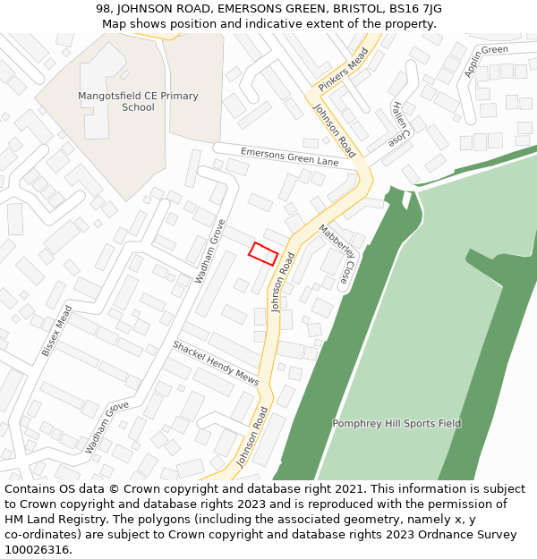 98, JOHNSON ROAD, EMERSONS GREEN, BRISTOL, BS16 7JG: Location map and indicative extent of plot