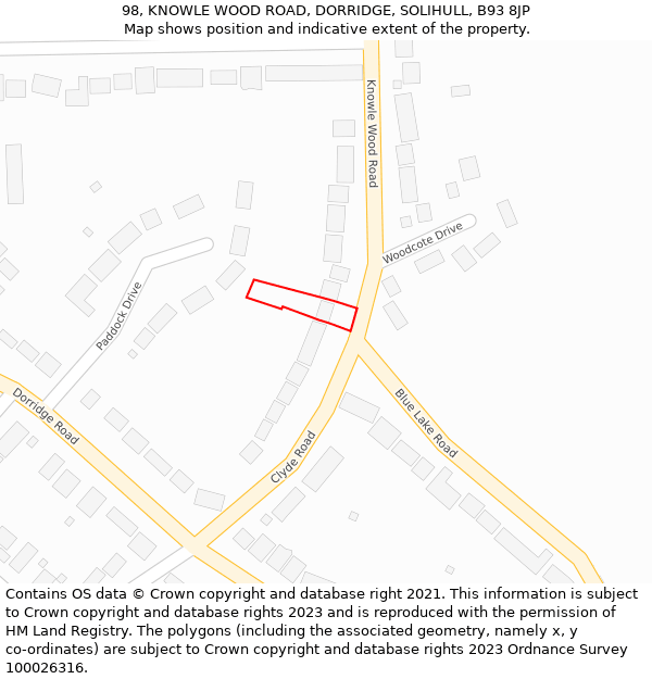 98, KNOWLE WOOD ROAD, DORRIDGE, SOLIHULL, B93 8JP: Location map and indicative extent of plot