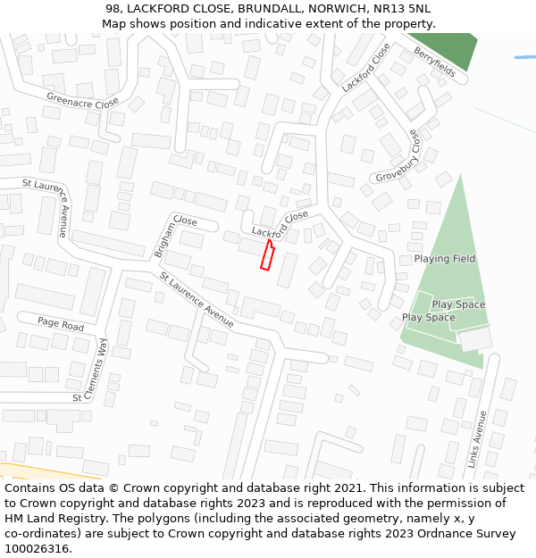 98, LACKFORD CLOSE, BRUNDALL, NORWICH, NR13 5NL: Location map and indicative extent of plot