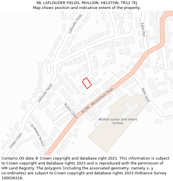 98, LAFLOUDER FIELDS, MULLION, HELSTON, TR12 7EJ: Location map and indicative extent of plot