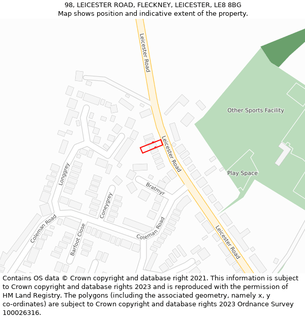 98, LEICESTER ROAD, FLECKNEY, LEICESTER, LE8 8BG: Location map and indicative extent of plot