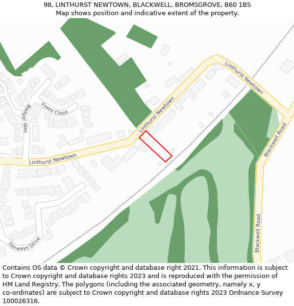 98, LINTHURST NEWTOWN, BLACKWELL, BROMSGROVE, B60 1BS: Location map and indicative extent of plot