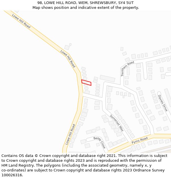 98, LOWE HILL ROAD, WEM, SHREWSBURY, SY4 5UT: Location map and indicative extent of plot