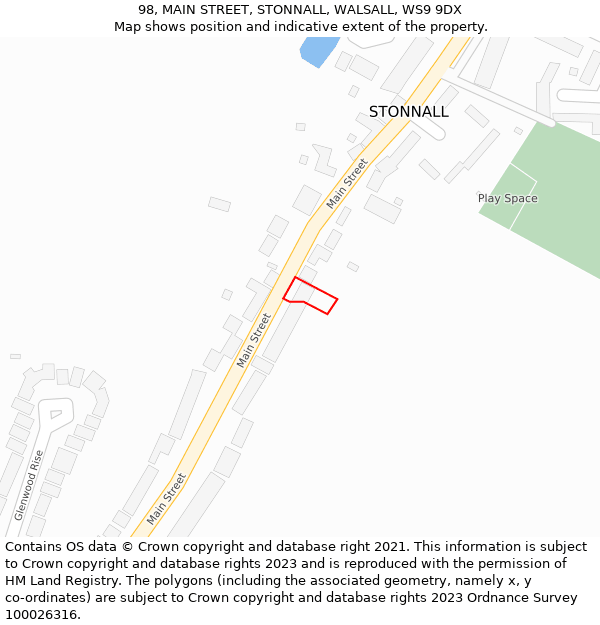 98, MAIN STREET, STONNALL, WALSALL, WS9 9DX: Location map and indicative extent of plot