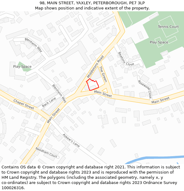 98, MAIN STREET, YAXLEY, PETERBOROUGH, PE7 3LP: Location map and indicative extent of plot
