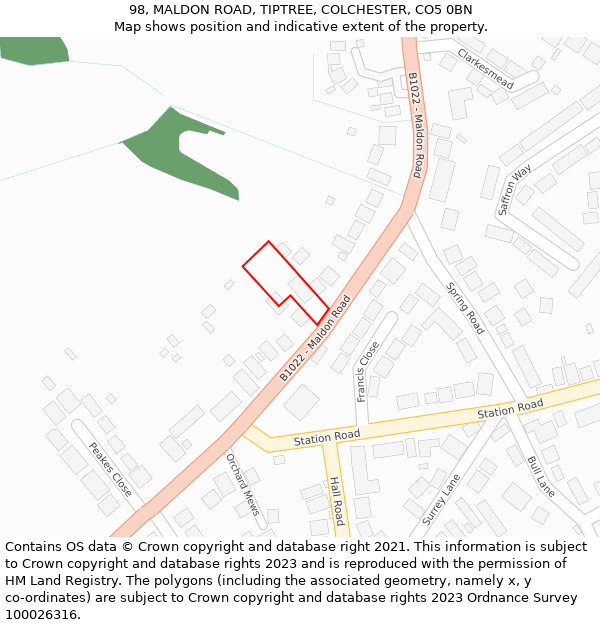 98, MALDON ROAD, TIPTREE, COLCHESTER, CO5 0BN: Location map and indicative extent of plot