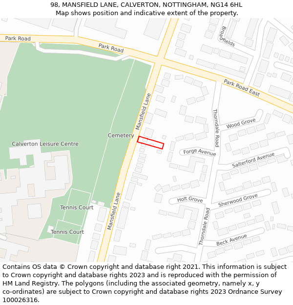 98, MANSFIELD LANE, CALVERTON, NOTTINGHAM, NG14 6HL: Location map and indicative extent of plot