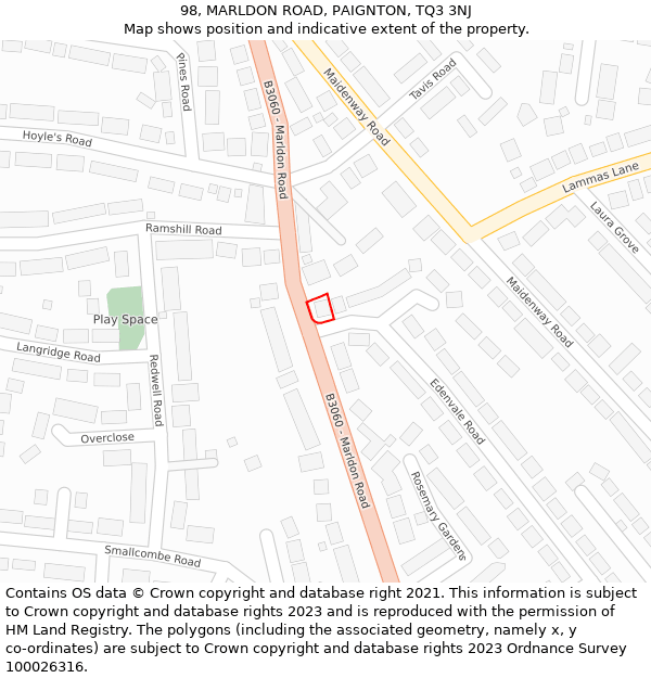 98, MARLDON ROAD, PAIGNTON, TQ3 3NJ: Location map and indicative extent of plot