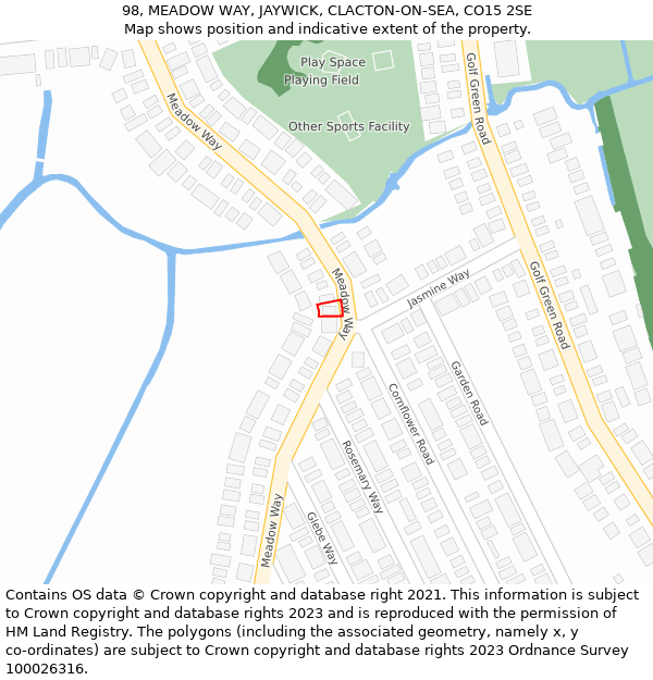 98, MEADOW WAY, JAYWICK, CLACTON-ON-SEA, CO15 2SE: Location map and indicative extent of plot