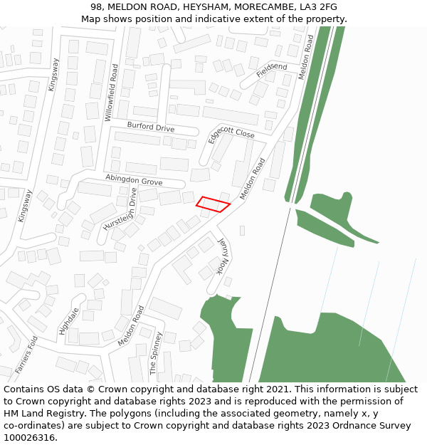 98, MELDON ROAD, HEYSHAM, MORECAMBE, LA3 2FG: Location map and indicative extent of plot