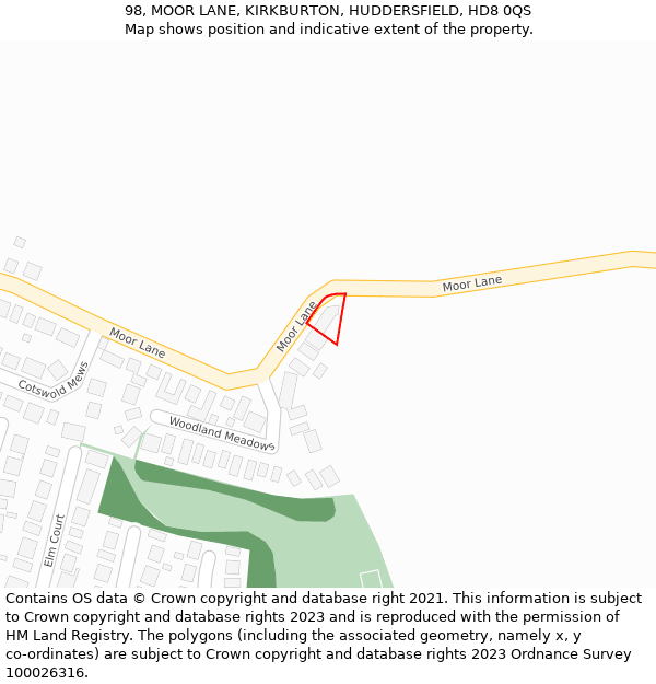 98, MOOR LANE, KIRKBURTON, HUDDERSFIELD, HD8 0QS: Location map and indicative extent of plot