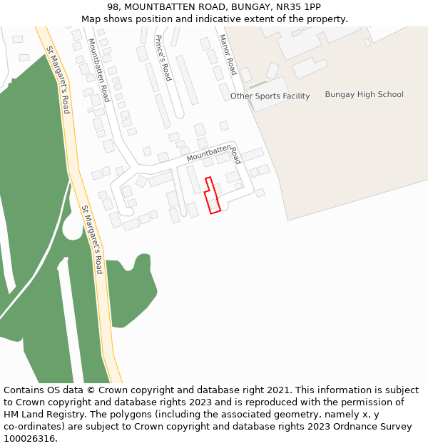 98, MOUNTBATTEN ROAD, BUNGAY, NR35 1PP: Location map and indicative extent of plot
