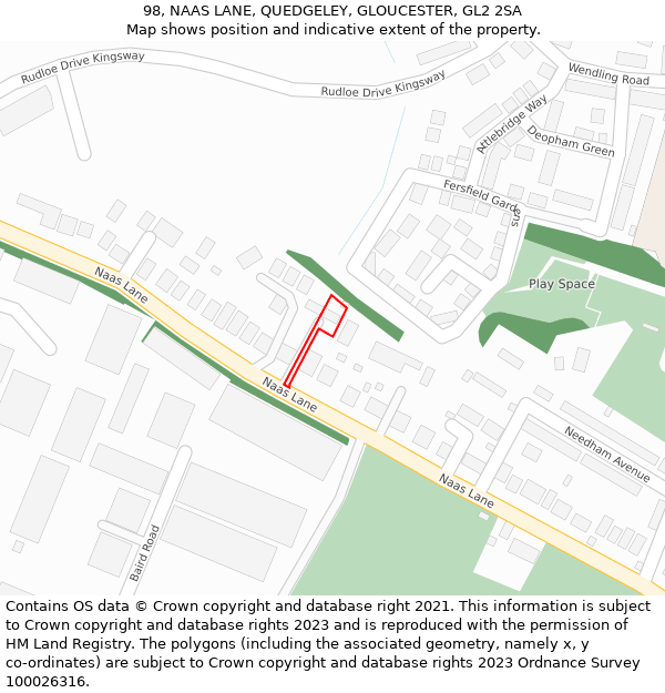 98, NAAS LANE, QUEDGELEY, GLOUCESTER, GL2 2SA: Location map and indicative extent of plot