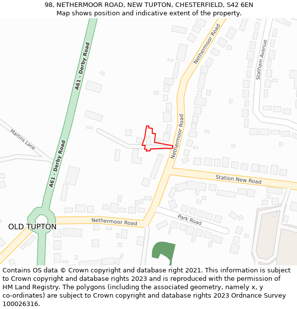 98, NETHERMOOR ROAD, NEW TUPTON, CHESTERFIELD, S42 6EN: Location map and indicative extent of plot