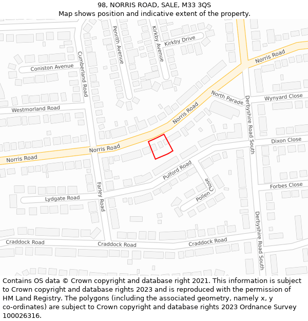 98, NORRIS ROAD, SALE, M33 3QS: Location map and indicative extent of plot