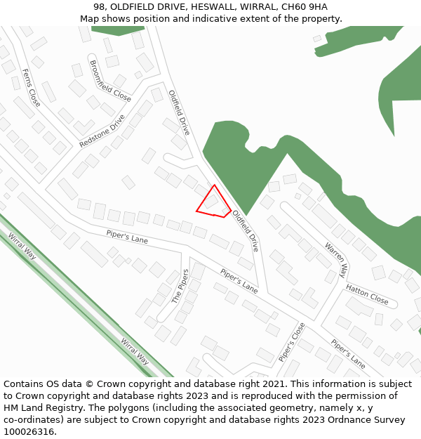 98, OLDFIELD DRIVE, HESWALL, WIRRAL, CH60 9HA: Location map and indicative extent of plot