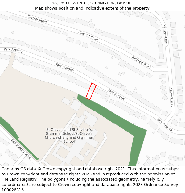 98, PARK AVENUE, ORPINGTON, BR6 9EF: Location map and indicative extent of plot