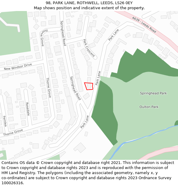 98, PARK LANE, ROTHWELL, LEEDS, LS26 0EY: Location map and indicative extent of plot