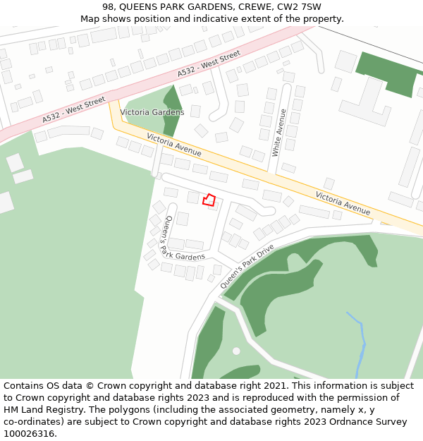 98, QUEENS PARK GARDENS, CREWE, CW2 7SW: Location map and indicative extent of plot