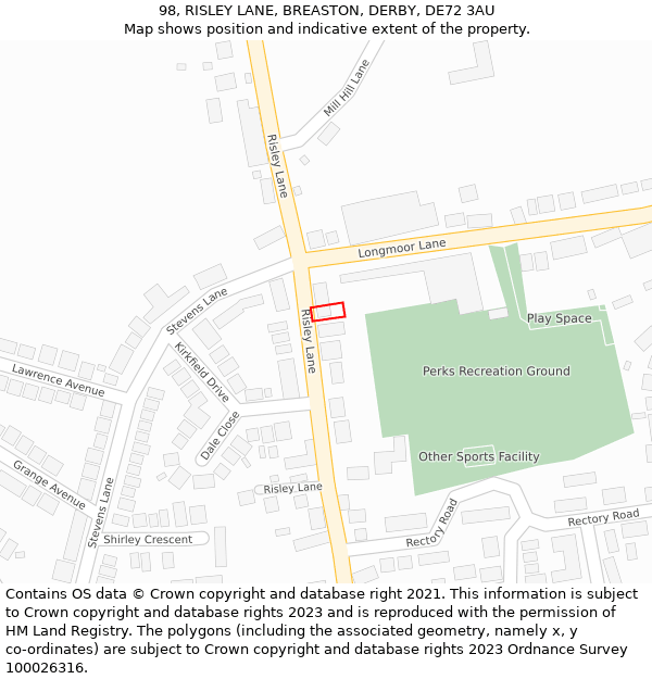 98, RISLEY LANE, BREASTON, DERBY, DE72 3AU: Location map and indicative extent of plot