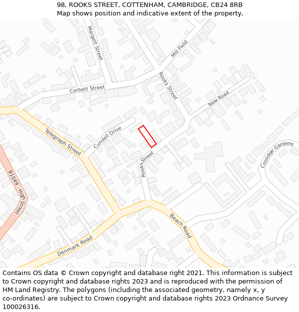98, ROOKS STREET, COTTENHAM, CAMBRIDGE, CB24 8RB: Location map and indicative extent of plot