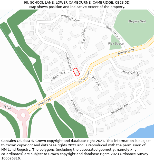 98, SCHOOL LANE, LOWER CAMBOURNE, CAMBRIDGE, CB23 5DJ: Location map and indicative extent of plot