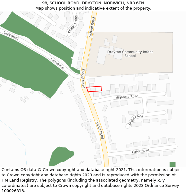 98, SCHOOL ROAD, DRAYTON, NORWICH, NR8 6EN: Location map and indicative extent of plot