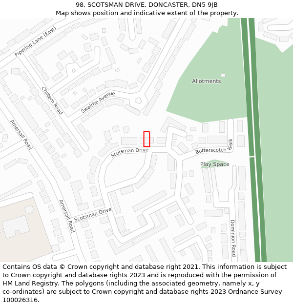 98, SCOTSMAN DRIVE, DONCASTER, DN5 9JB: Location map and indicative extent of plot