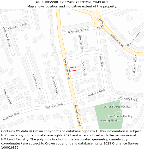 98, SHREWSBURY ROAD, PRENTON, CH43 6UZ: Location map and indicative extent of plot