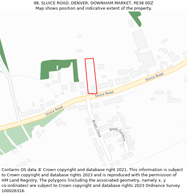 98, SLUICE ROAD, DENVER, DOWNHAM MARKET, PE38 0DZ: Location map and indicative extent of plot