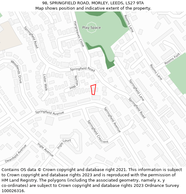 98, SPRINGFIELD ROAD, MORLEY, LEEDS, LS27 9TA: Location map and indicative extent of plot