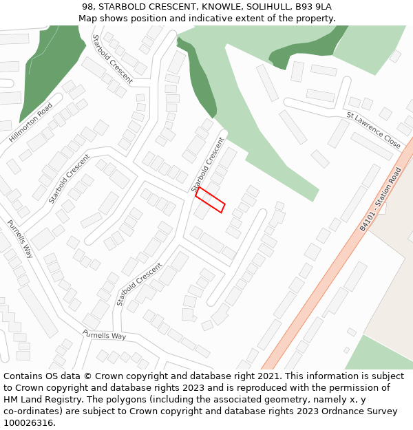 98, STARBOLD CRESCENT, KNOWLE, SOLIHULL, B93 9LA: Location map and indicative extent of plot