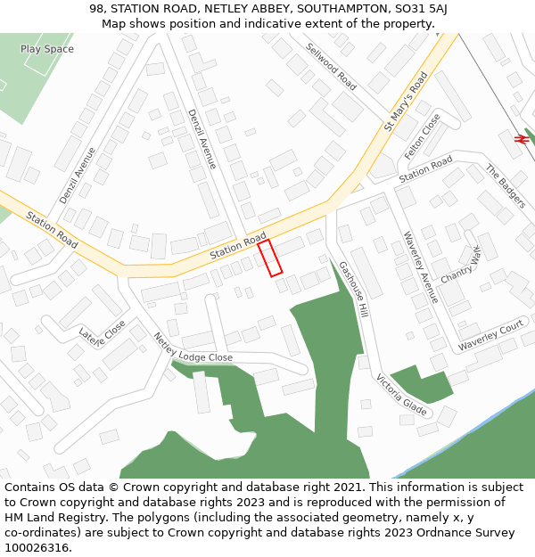 98, STATION ROAD, NETLEY ABBEY, SOUTHAMPTON, SO31 5AJ: Location map and indicative extent of plot